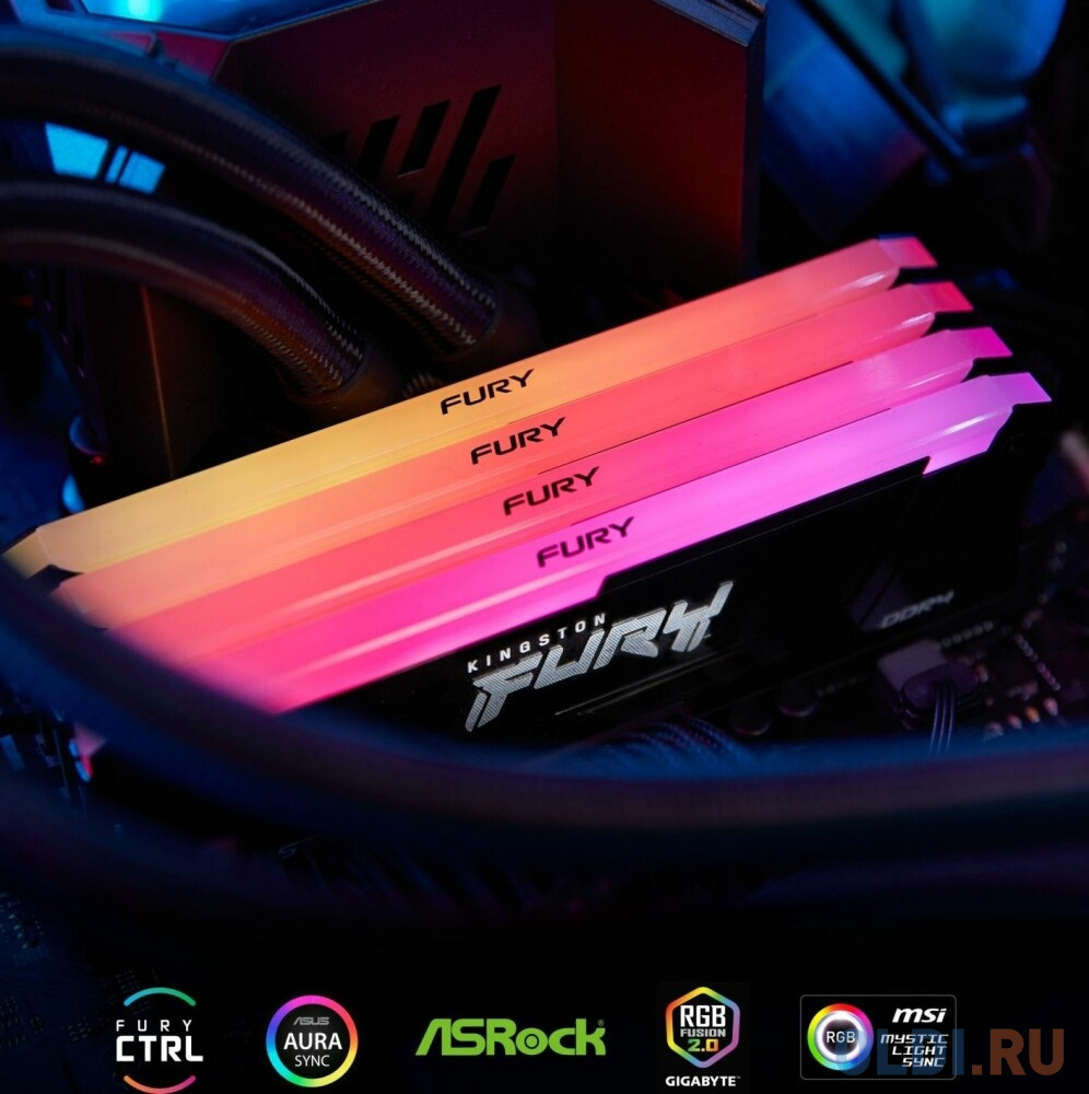 Память оперативная/ Kingston 64GB 3200MHz DDR4 CL16 DIMM (Kit of 4) 1Gx8 FURY Beast RGB