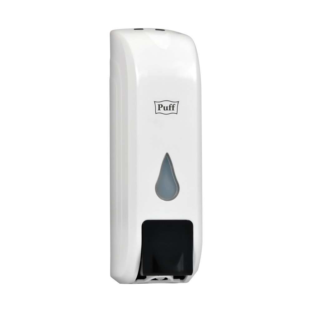 Дозатор для жидкого мыла пластиковый puff-8104, белый с черной кнопкой, 350 мл, 22х8х9 см 1402.093