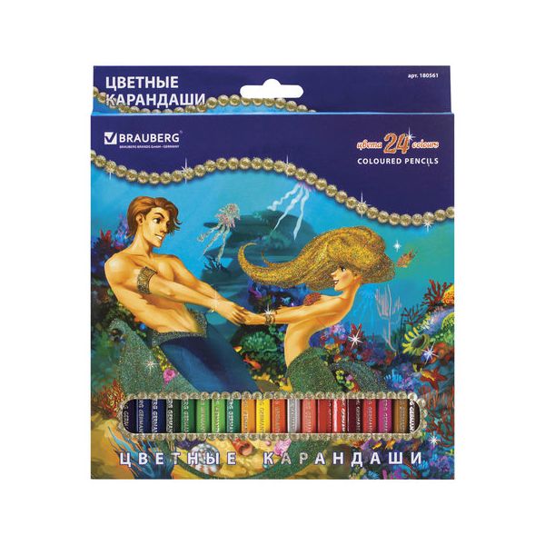 Карандаши цветные BRAUBERG Морские легенды, 24 цвета, заточенные, картонная упаковка с блестками, 180561