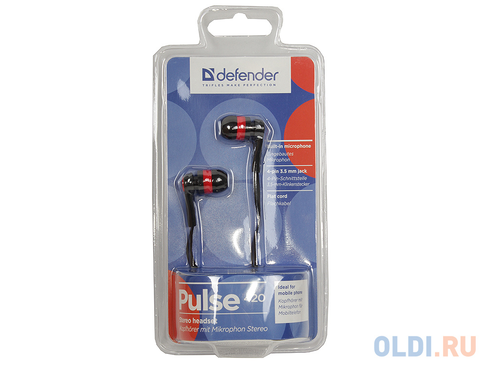 Гарнитура Defender Pulse-420 Black/red 4-пин 3,5 мм jack, кабель-1,2м