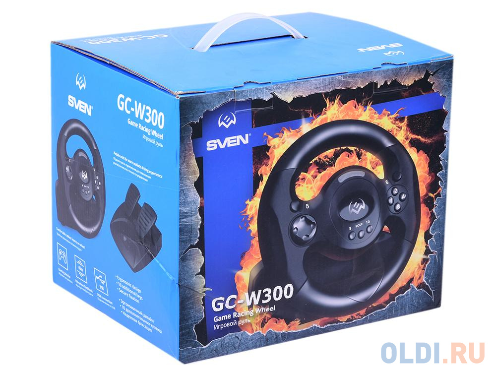 Руль SVEN GC-W300 (педали, вибро, лепестки, D-pad, 10 кл, резин. вставки, PC, цифр. и аналог.