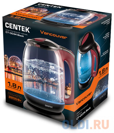 Чайник Centek CT-0034 2200 Вт чёрный 1.8 л стекло в Москвe