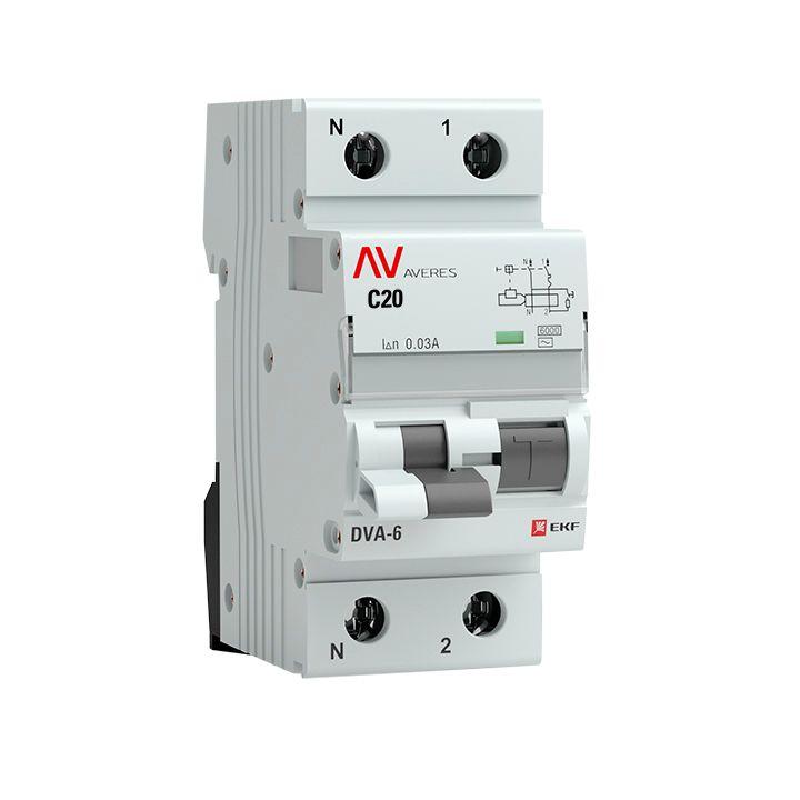Выключатель автоматический EKF DVA-6 Averes 1P+N 20A 6 kA (rcbo6-1pn-20C-30-ac-av)