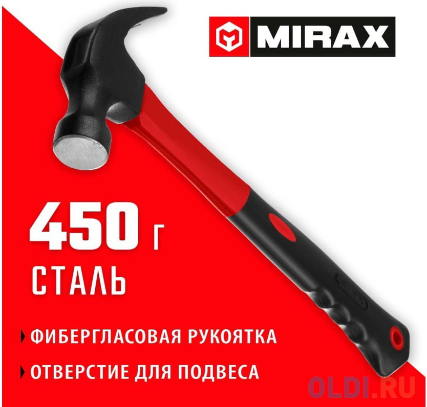 MIRAX 450 г, молоток-гвоздодёр столярный с фиберглассовой рукояткой (20231-450)