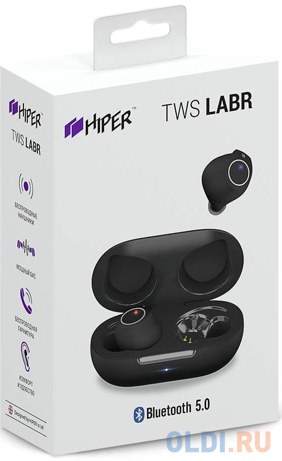 Наушники Hiper TWS LABR Bluetooth 5.0 гарнитура Li-Pol 2x50mAh+400mAh, черный