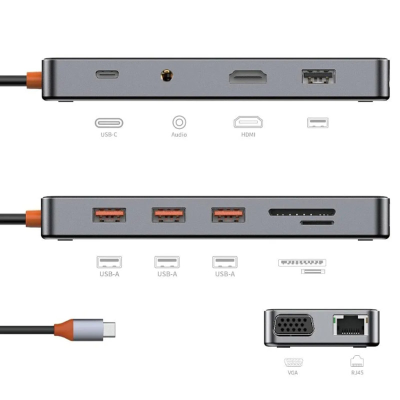 Хаб USB Wiwu Cyber CB011 USB-C - USB3.0-SD-TF-HDMI-RJ45-VGA-PD + 3.5mm 6936686411769 в Москвe