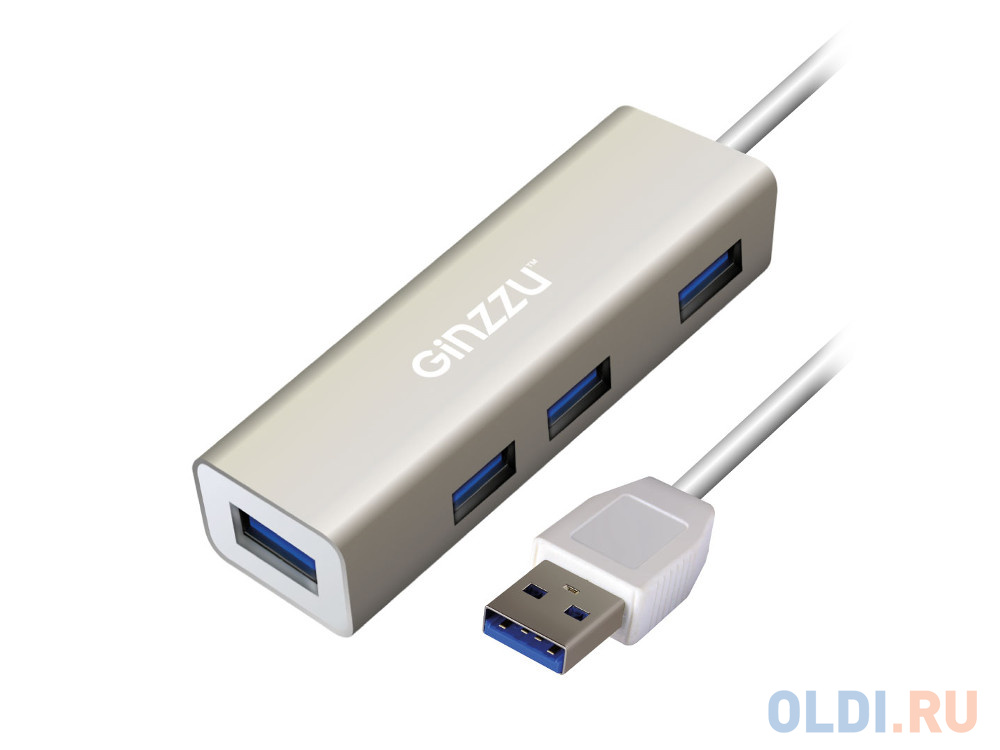 Концентратор Ginzzu GR-517UB 4-х портовый USB 3.0 индикатор питания, встроенный интерфейсный кабель - 20 см, алюминиевый корпус, серебристый в Москвe