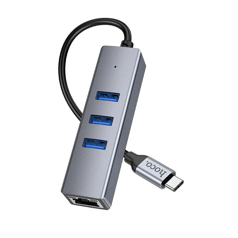 Хаб USB Hoco HB34 Easy 3xUSB 3.0/RJ45 + кабель Type-C Grey 6931474794543 в Москвe