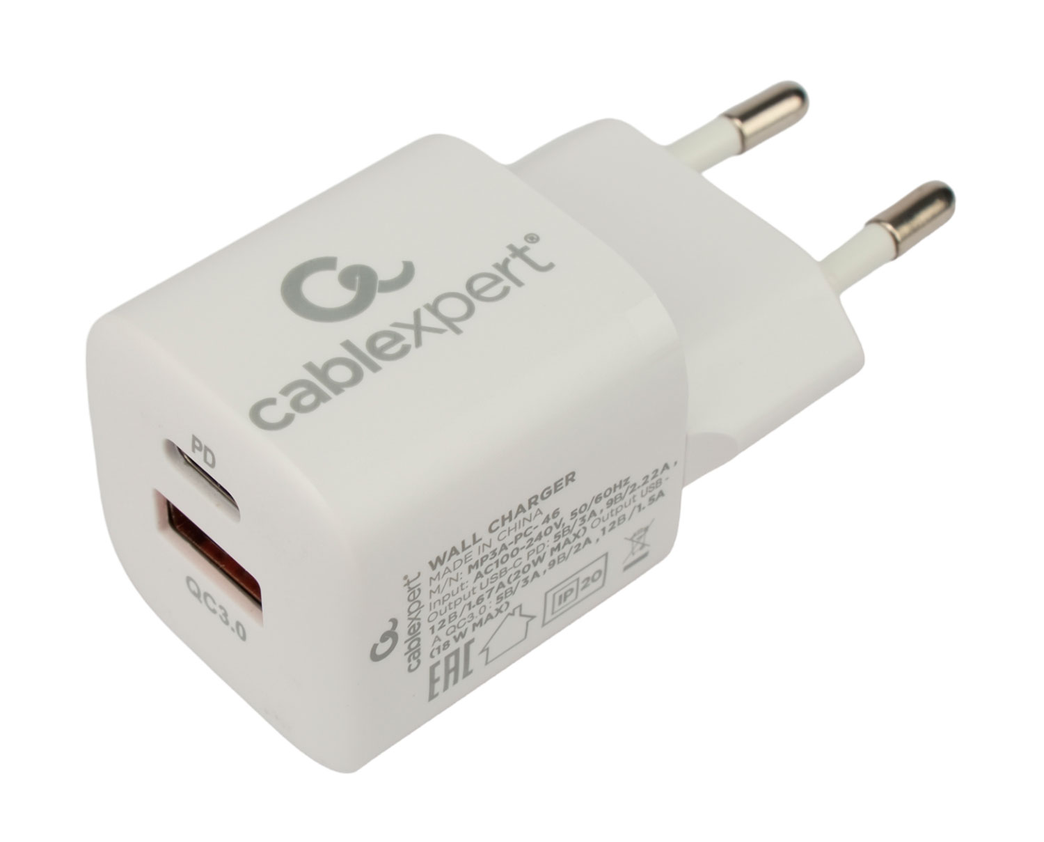 Сетевое зарядное устройство Cablexpert MP3A-PC-46 20 Вт, USB, USB type-C, Quick Charge, PD, 3А, белый (MP3A-PC-46)