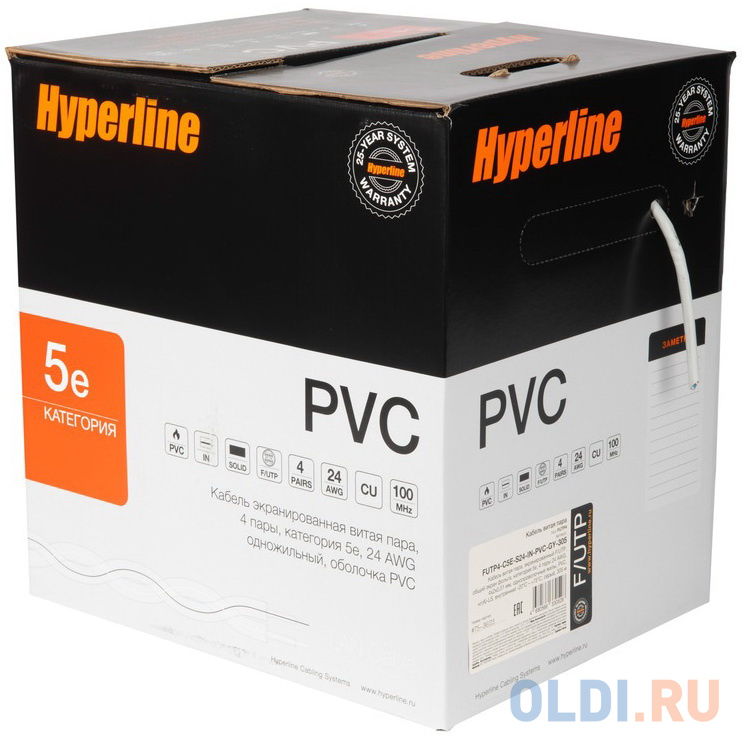 Кабель информационный Hyperline FUTP4-C5E-S24-IN-PVC-GY-305 кат.5е F/UTP общий экран 4X2X24AWG PVC внутренний 305м серый в Москвe