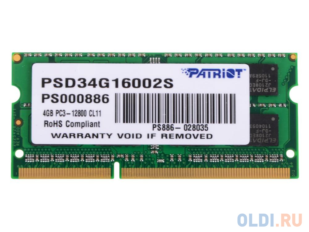 Оперативная память для ноутбука Patriot PSD34G16002S SO-DIMM 4Gb DDR3 1600 MHz PSD34G16002S