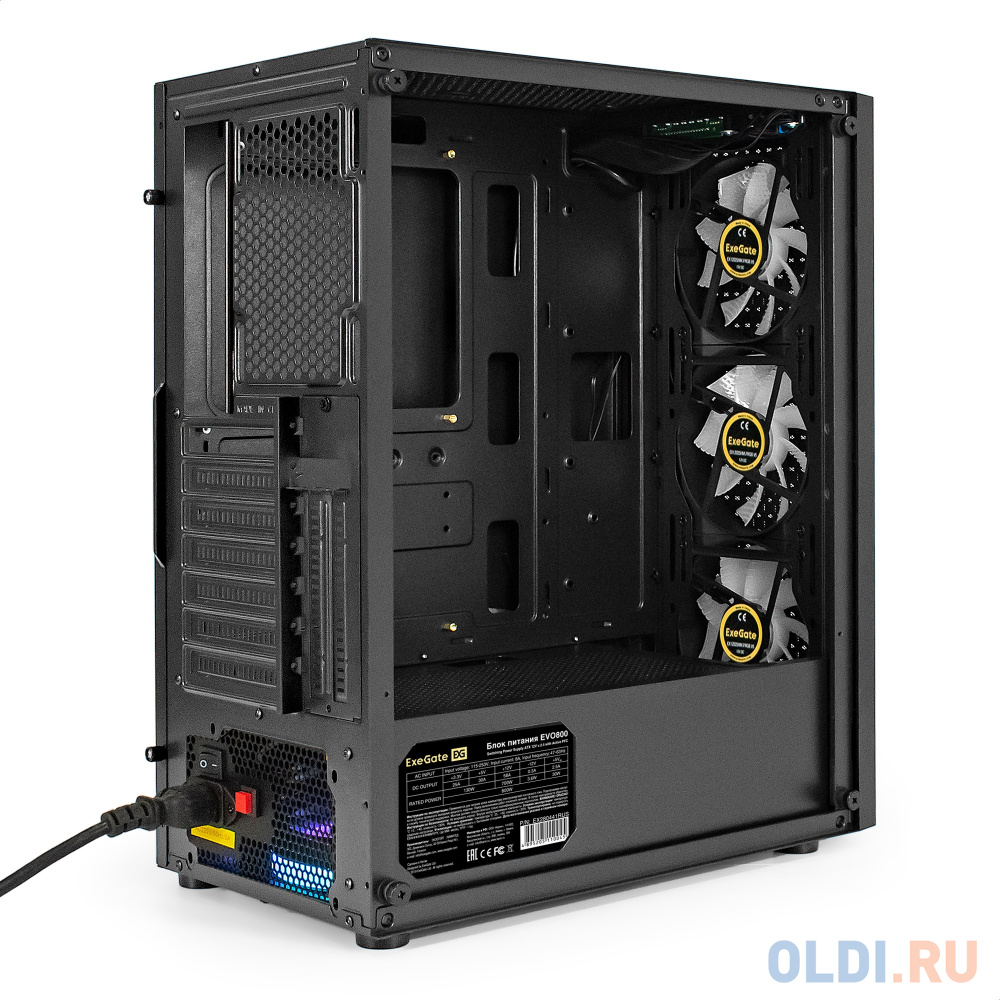 Корпус Miditower ExeGate EVO-8227-EVO800 (ATX, БП EVO800RGB с вент. 12 см, 2*USB+1*USB3.0+HD Audio, черный, 3 вент. с RGB подсветкой, боковая панель - в Москвe