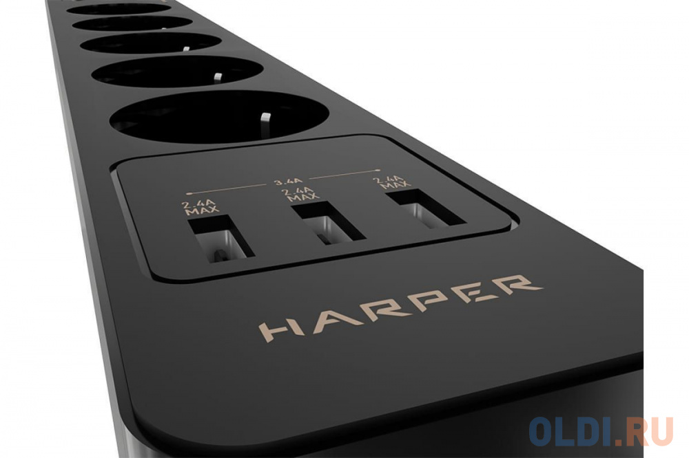 Harper Сетевой фильтр с USB зарядкой UCH-530 Black (5 роз.,1,5м.,3 x USB 2.4A (max 3.4A), 4000W) {H00003010}