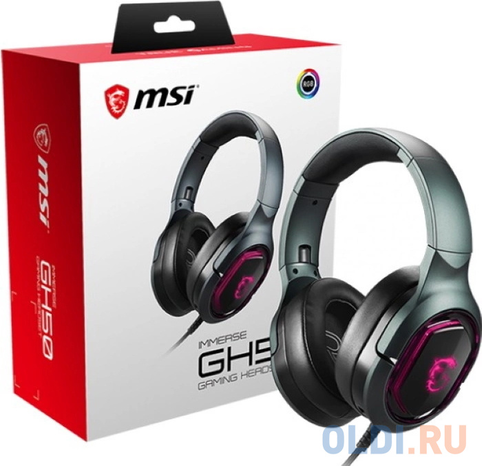 Gaming Headset MSI Immerse GH50, virtual 7.1 surround, USB, In-line controller, RGB Mystic Light Compatibility with 4 lightning effects.