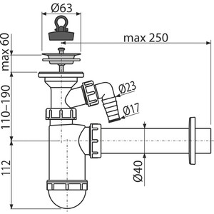 Сифон для раковины AlcaPlast D40 с нержавеющей решеткой D63, штуцер (A41P)