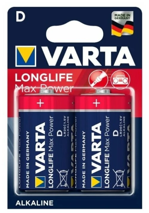 Батарея Varta LONGLIFE MAX POWER, D (LR20), 1.5V, 2 шт. (04720101402)
