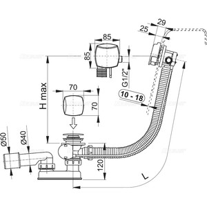 Слив-перелив AlcaPlast 57 см, с функцией наполнения ванны, металл, хром (A565KM3)