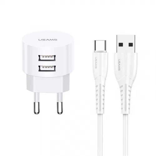 Сетевое зарядное устройство USAMS Send-Tu Series Set, 2xUSB, 2.1A, белый (XTXLOGT18TC05), кабель USB Type C