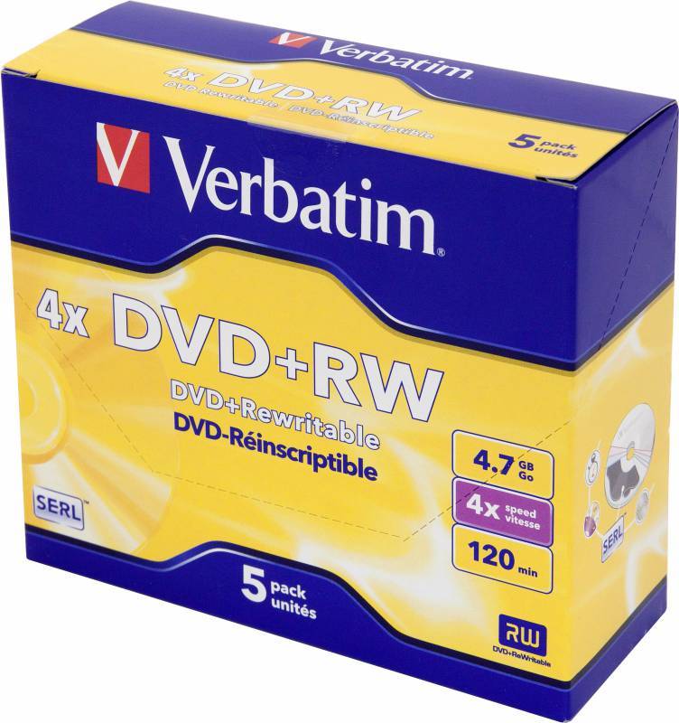 Диск DVD+RW Verbatim 4.7Gb 4x (jewel case 5шт) (43229)