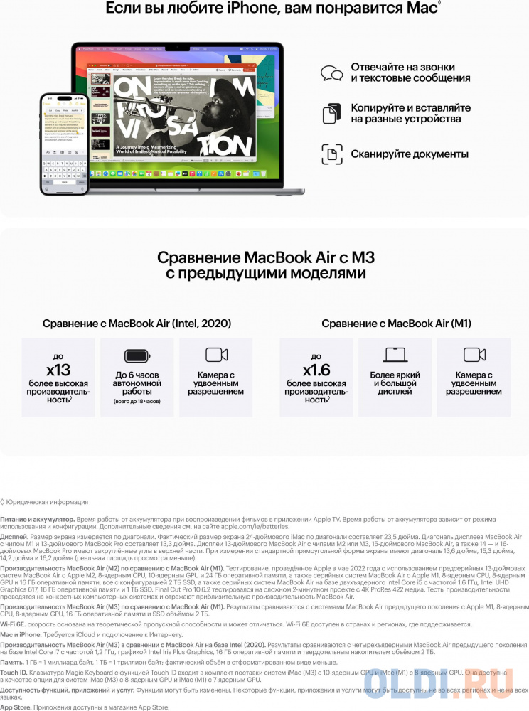 Ноутбук MacBook Air 15"Space Grey  8CPU/10GPU 8/256GB Apple M3  MRYM3LL/A A3114 195949128875 в Москвe