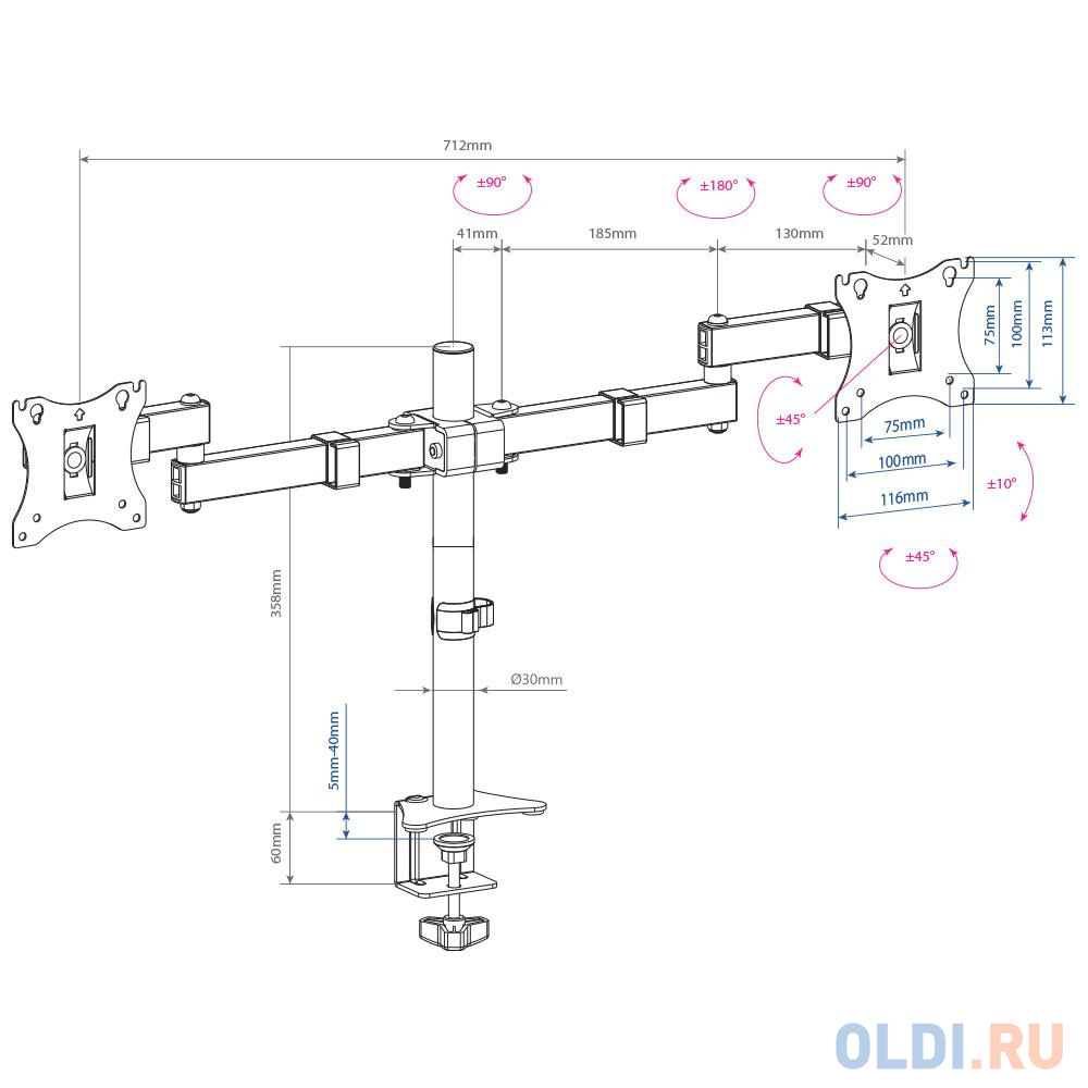 Кронштейн для мониторов Arm Media LCD-T04 black для 2-х 15"-32", max 2х7 кг, 6 ст свободы, наклон ±10°, поворот ±90°, выс. штан. 358 мм, VES