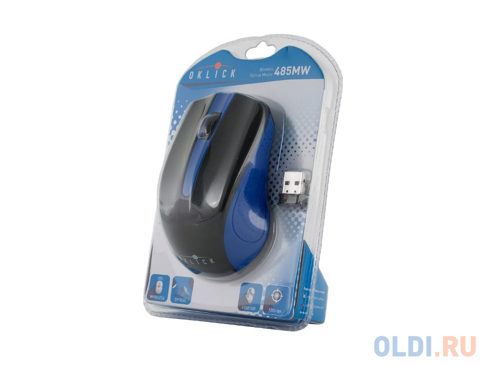 Мышь Oklick 485MW black/blue optical (1200dpi) cordless USB (2but)