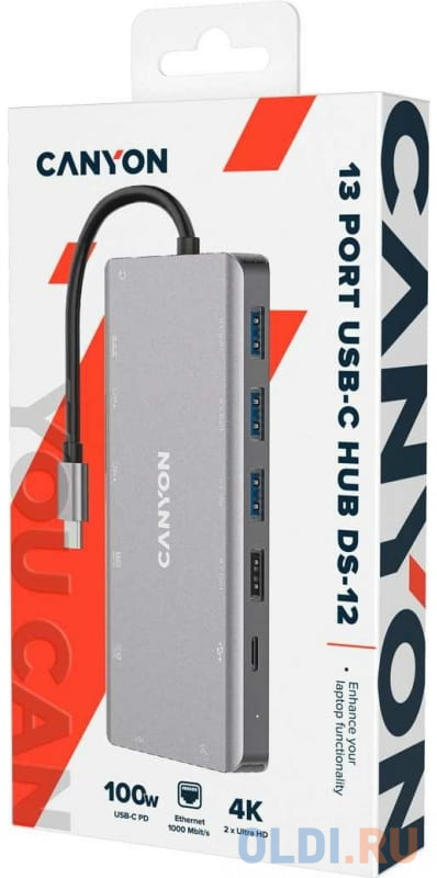 Концентратор USB Type-C Canyon CNS-TDS12 USB 2.0 3 х USB 3.0 2 х USB Type-C RJ-45 VGA 2 x HDMI microSD 3.5мм miniJack серый