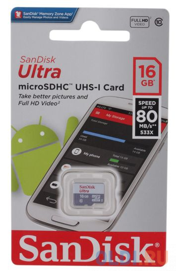 Карта памяти Micro SDHC 16Gb Class 10 Sandisk SDSQUNS-016G-GN3MN