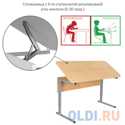 Стол-парта 2-местный, регулируемый угол, СУТ.55-01, 1200х500х640-780 мм, рост 4-6, серый каркас, ЛДСП клён