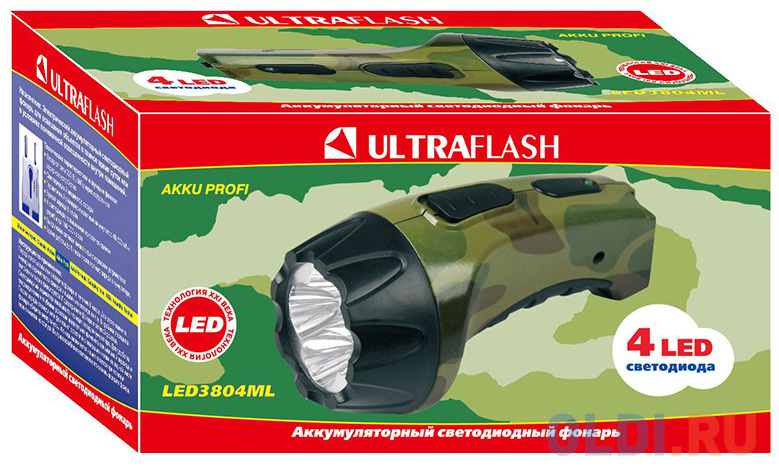 Ultraflash LED3804ML  (фонарь аккум 220В,  милитари, 4 LED, SLA, пластик, коробка)