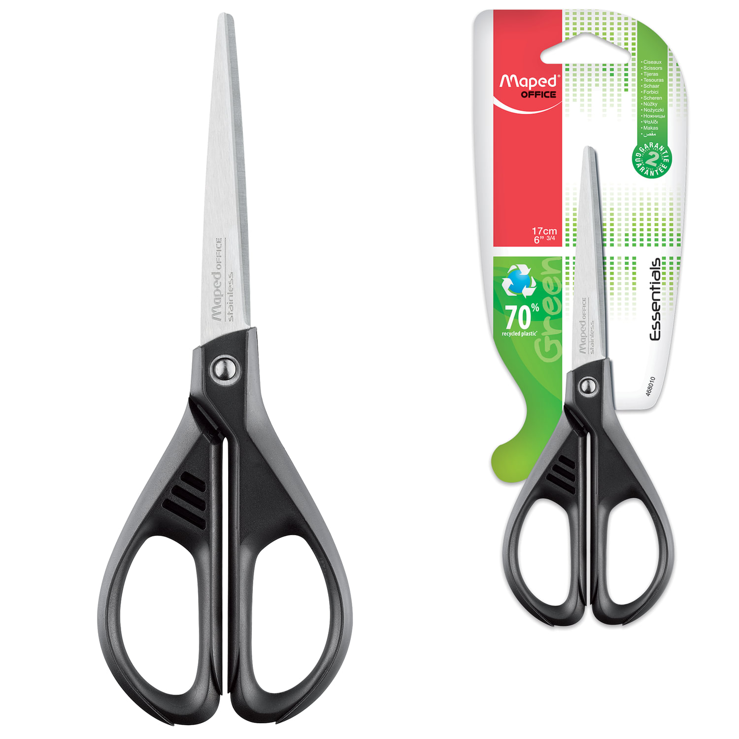 Ножницы MAPED (Франция) Essentials Green, 170 мм, черные, картонная упаковка с европодвесом, 467010, 468010, (6 шт.)
