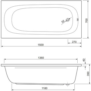 Акриловая ванна Cezares Piave 150х70 с каркасом (PIAVE-150-70-42-W37, EMP-150-70-MF-R)