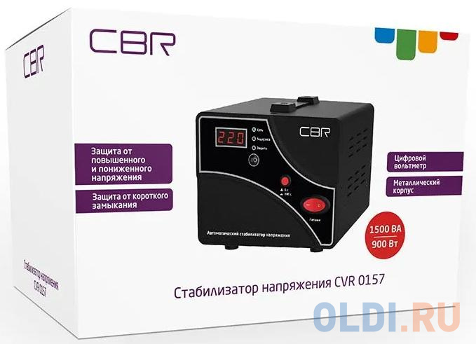 CBR Стабилизатор напряжения CVR 0157, 1500 ВА/900 Вт, диапазон вход. напряж. 140–260 В, точность стабилизации 8%, LED-индикация, вольтметр, 2 евророзе