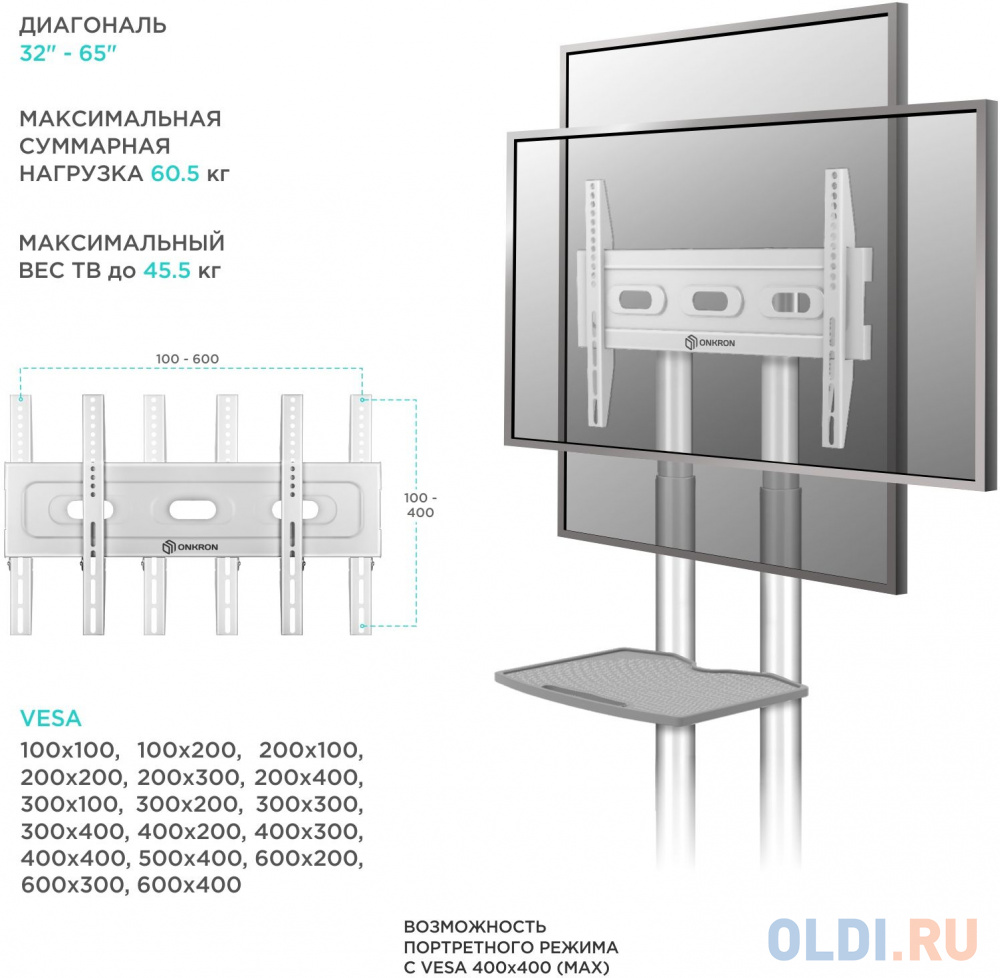 Мобильная стойка ONKRON на 1 ТВ/ 40-65" от 200х200 до 400х600 наклон 0? поворот 0? макс нагр 45,5кг Высота 1200-1500мм, кабель-канал, регулировка