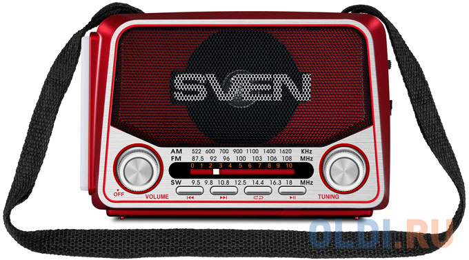 АС SVEN SRP-525, красный (3 Вт, FM/AM/SW, USB, microSD, фонарь, встроенный аккумулятор)