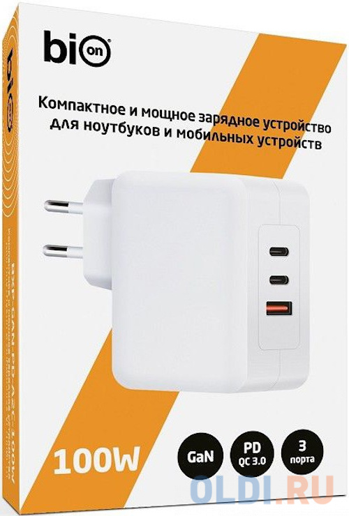 Bion Сетевое Зарядное Устройство, GaN, USB-A + 2*USB-C, PowerDelivery, 100 Вт, белый [BXP-GAN-PD-A2C-100W] в Москвe