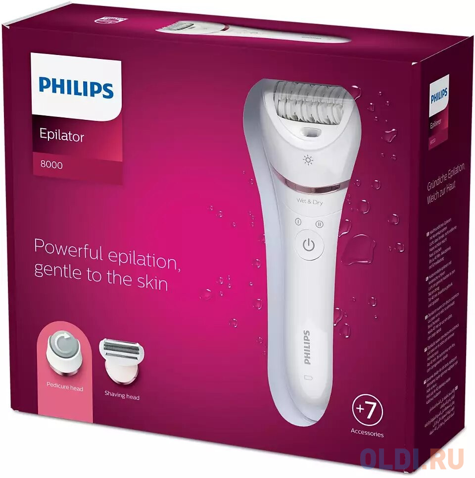 Эпилятор Philips/ 2 скорости, широкая головка, Wet&Dry, беспроводной, opti light, 6 аксессуаров