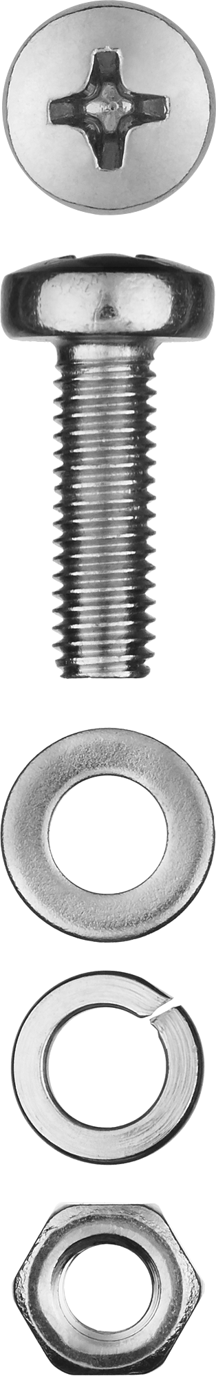 Винт (DIN7985) с полусферической головки в комплекте с гайкой (DIN934), шайбой (DIN125), шайбой пруж. (DIN127) Зубр 303476-04-016, М4, 1.6 см, 7985 DIN, 4 мм, оцинкованная сталь, 25 шт., фасовка (303476-04-016)
