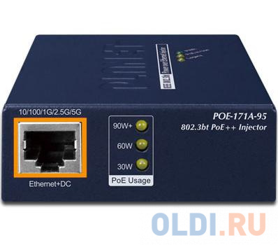 PLANET POE-171A-95 Single-Port Multi-Gigabit 802.3bt PoE++ Injector (95 Watts, 802.3bt Type-4, PoH, Legacy mode support, PoE Usage LED, 10/100/1G/2.5G