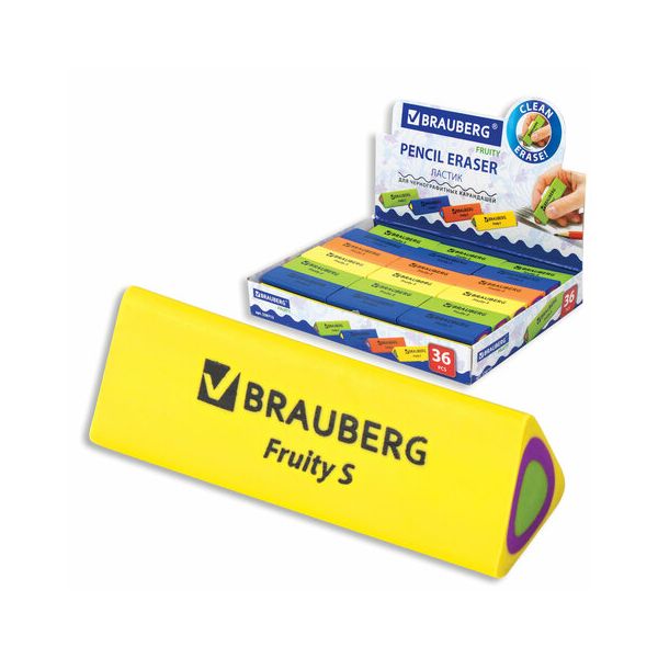 Ластик BRAUBERG "Fruity S", 44х15х15 мм, цвет ассорти, треугольный, 228713 (36 шт.)