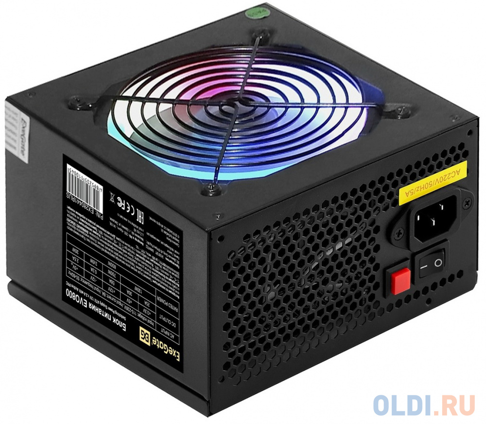 Блок питания 800W ExeGate EVO800 (ATX, APFC, SC, 12cm RGB fan, 24pin, (4+4)pin, PCIe, 5xSATA, 3xIDE, FDD, Cable Management, black, кабель 220V с защит в Москвe