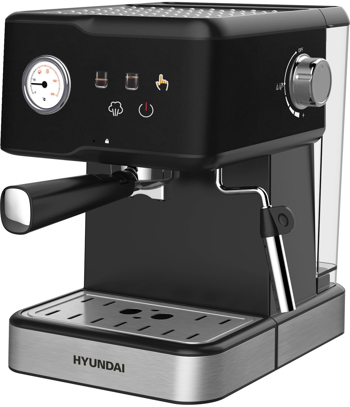 Кофеварка рожковая Hyundai HEM-4204 , 1 кВт, кофе молотый, 1.5 л, капучинатор, дисплей, черный/серебристый