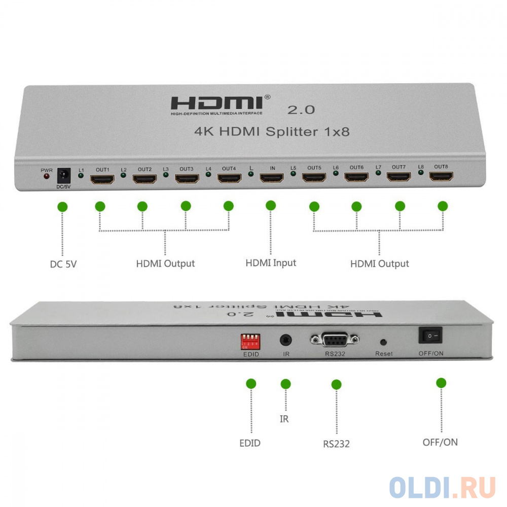 Разветвитель Orient HSP0108H-2.0, HDMI 4K Splitter 1-8, HDMI 2.0/3D, UHDTV 4K/ 60Hz (3840x2160)/HDTV1080p, HDCP2.2, EDID управление, RS232 порт, IR вх