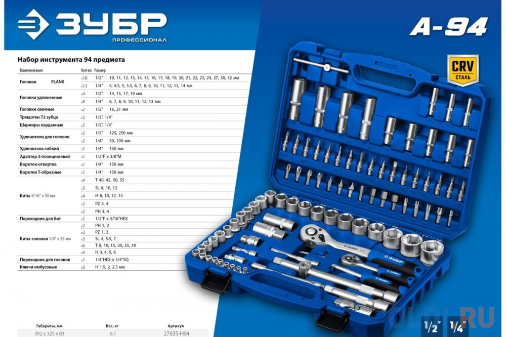 ЗУБР А-94, 94 предм., (1/2? + 1/4?), универсальный набор инструмента, Профессионал (27635-H94)
