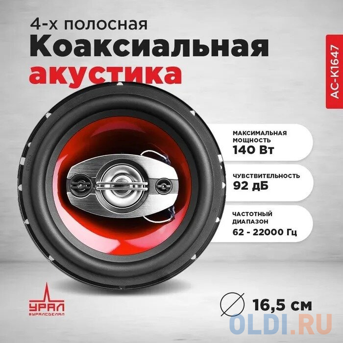 Колонки автомобильные Ural КЛАССИК АС-К1647 140Вт 92дБ 4Ом 16.5см (6 1/2дюйм) (ком.:2кол.) коаксиальные четырехполосные в Москвe