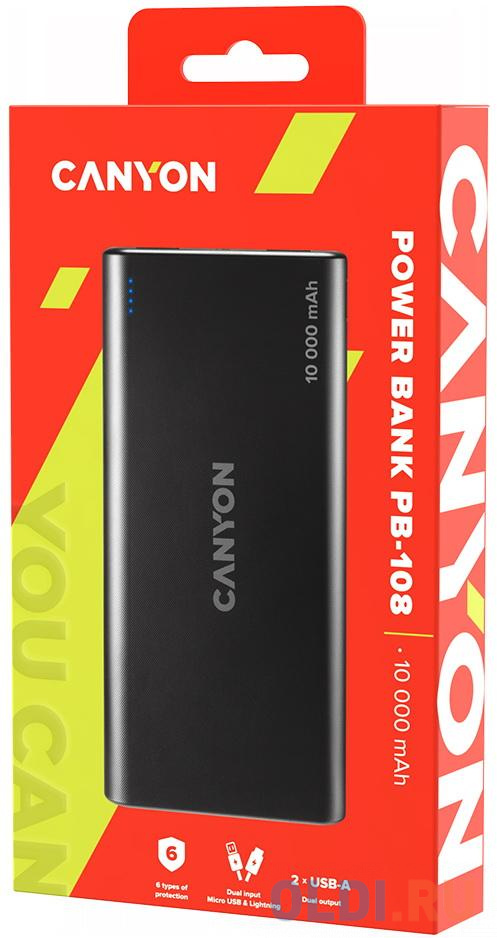 Внешний аккумулятор Power Bank 10000 мАч Canyon PB-108 черный