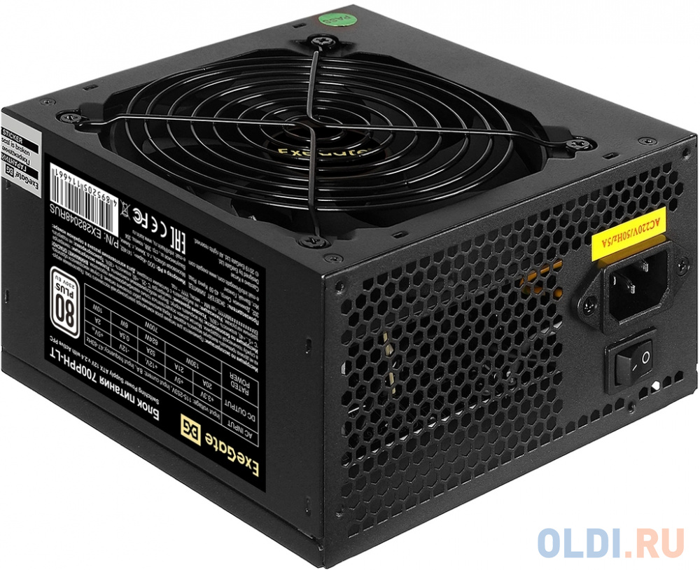 Блок питания 700W ExeGate 80 PLUS® 700PPH-LT-S-OEM (ATX, APFC, КПД 82% (80 PLUS)SC, 12cm fan, 24pin, (4+4)pin, PCIe, 5xSATA, 3xIDE, кабель 220V с защи