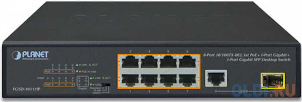 8-Port 10/100TX 802.3at PoE + 1-Port 10/100/1000T + 1-Port 100/1000X SFP Desktop Switch (120W PoE Budget, Standard/VLAN/Extend mode, 10-inch and rack-