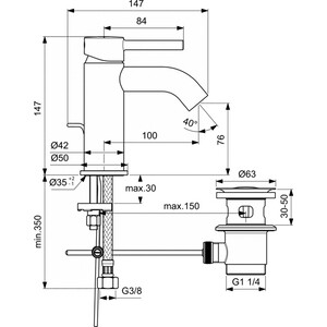 Смеситель для раковины Ideal Standard Ceraline с донным клапаном, черный шелк (BC193XG) в Москвe