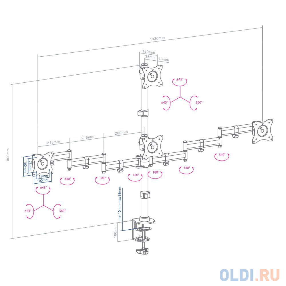 Кронштейн для мониторов Arm Media LCD-T16 Для 4-Х 10"-32", max 4x10 кг, 5 ст свободы, поворот на штанги 360°, высота штанги 450мм, maxVESA10